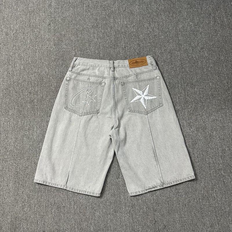 Corteiz Alcatraz Denim Shorts Mens Embroidered Star Vintage Washed Straight Fit Casual Mid-Rise Short Pants