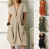 Women Summer Shirt Dress O-Neck Short Sleeve Midi Dress Loose Solid Color Plus Size Daily Dress