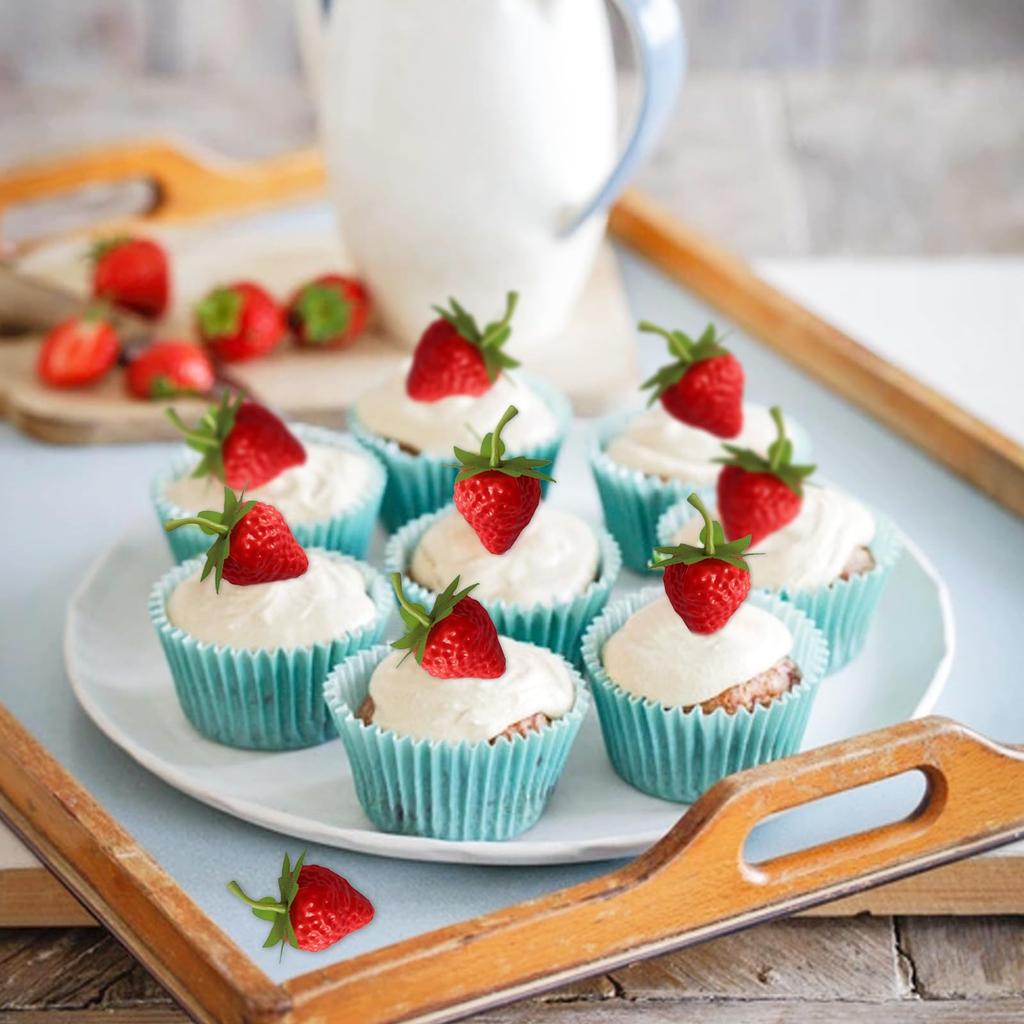 seimeinoki Fruit Set of Food Sample Strawberries with Lifelike Fake Fruit Cute Photography DIY Fruit Cake Vase Filler Models, 60, Stems, Decorations,