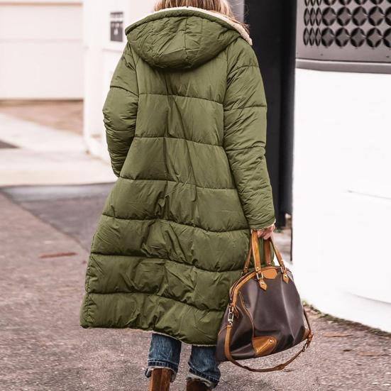 Женское зимнее длинное пальто с капюшоном и длинными рукавами, флисовая подкладка, верхняя одежда, карманы на молнии, двусторонняя одежда, длинный пуховик