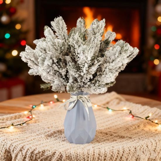 10/20/30Pcs Artificial Snowy Pine Branch 5 Fork Faux Greenery Stem Fake Plants Pick Xmas Holiday Wedding Party Home Decoration