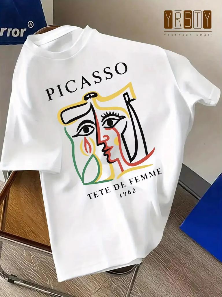 Unisexs Picasso Unisex Head Portrait Print Tshirt Loosefitting Outdoors Artistic Style Short Sleeve Street Casual Wear