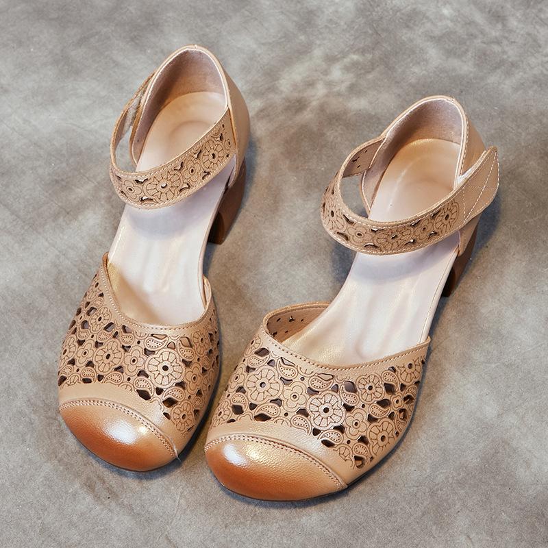 Fashion GKTINOO Genuine Leather Women Sandals Round Toe Summer Shoes Thick Heels Soft Sole Women Shoes 2025 Hollow Mom Sandals