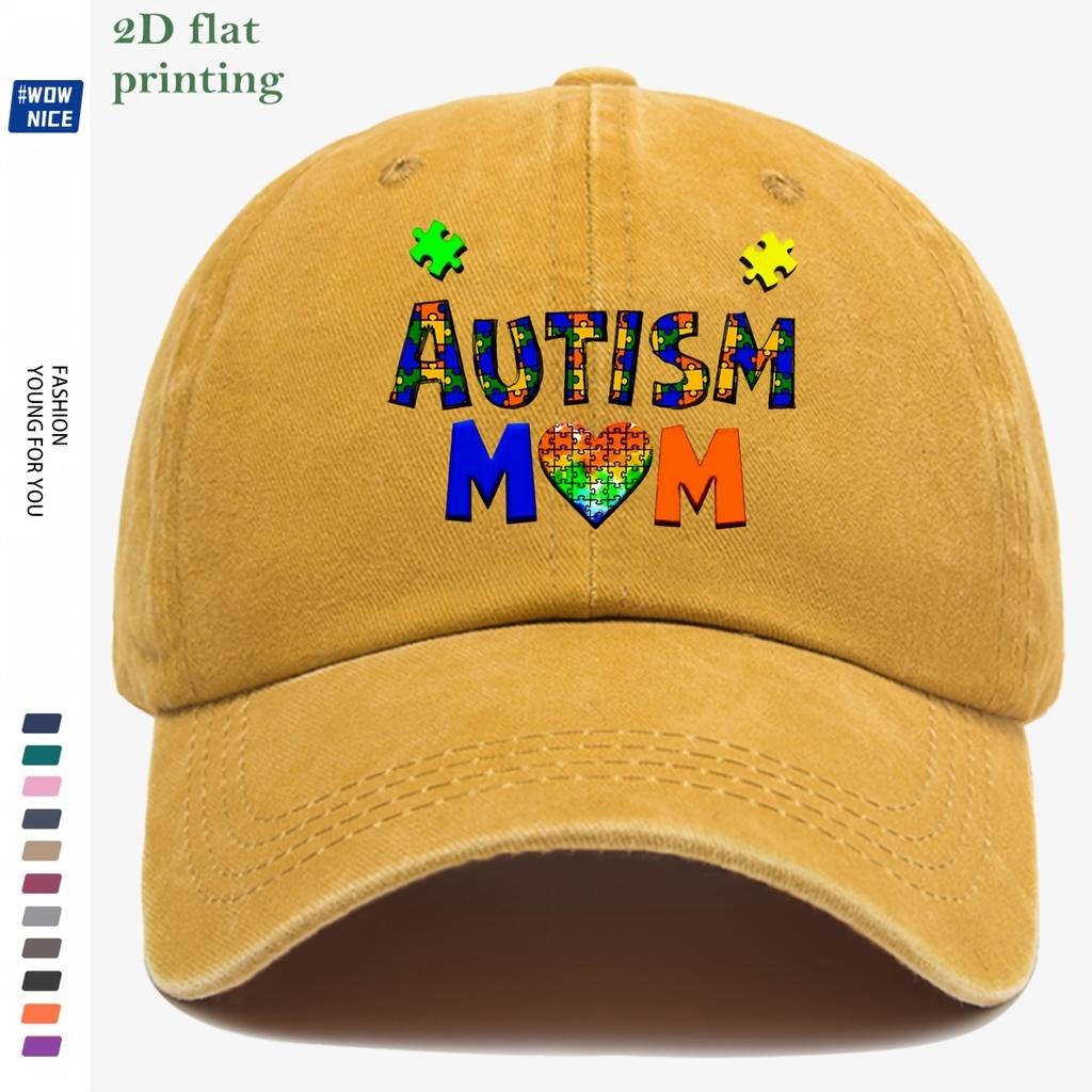 Кепка-бейсболка с принтом-пазлом на тему аутизма. Цветные буквы-пазлы AUTISM с пазлом-сердечком и надписью MOM MotherS Da