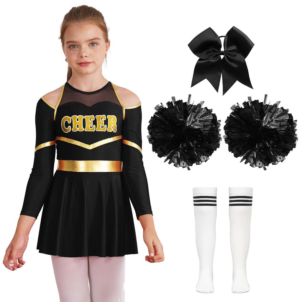 Cheer Leader Halloween Costume for Girls Long Sleeve Dress Outfit with Pom Poms for Cheerleading Dancing