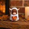 Creative Holiday Gifts Highland Cow Ghost Figurine with Pumpkin Candy Bowl, Cute Halloween Tabletop Decoration Decor for Farmhouse Home Party