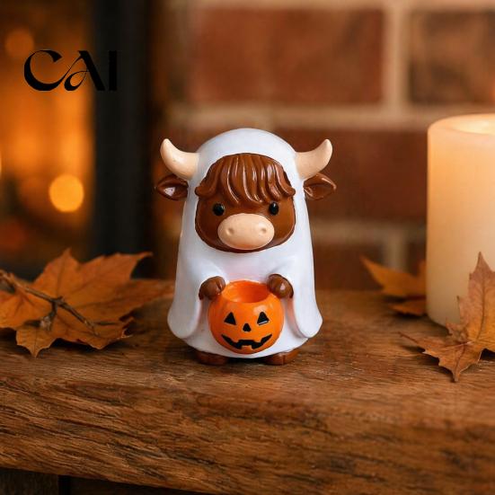 Creative Holiday Gifts Highland Cow Ghost Figurine with Pumpkin Candy Bowl, Cute Halloween Tabletop Decoration Decor for Farmhouse Home Party