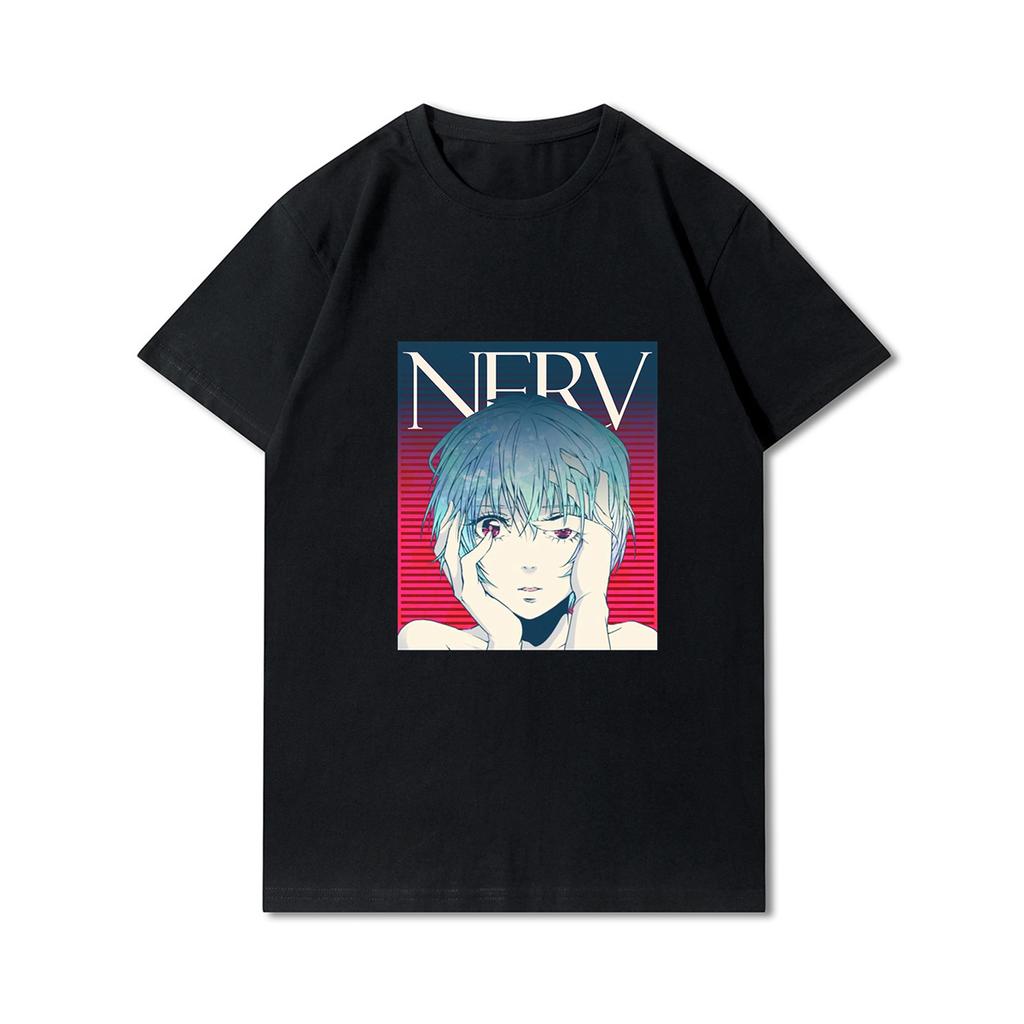Футболки унисекс с принтом Evangelion размера плюс S-3XL, хлопковые топы с круглым вырезом, летние повседневные черные футболки в стиле аниме