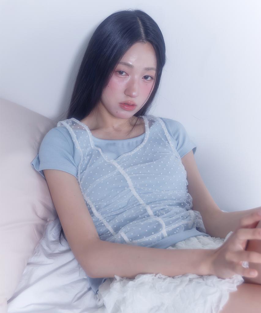 LMR Two-Way Lace Shirred Layered Short Sleeve T-Shirt Sky Blue / White