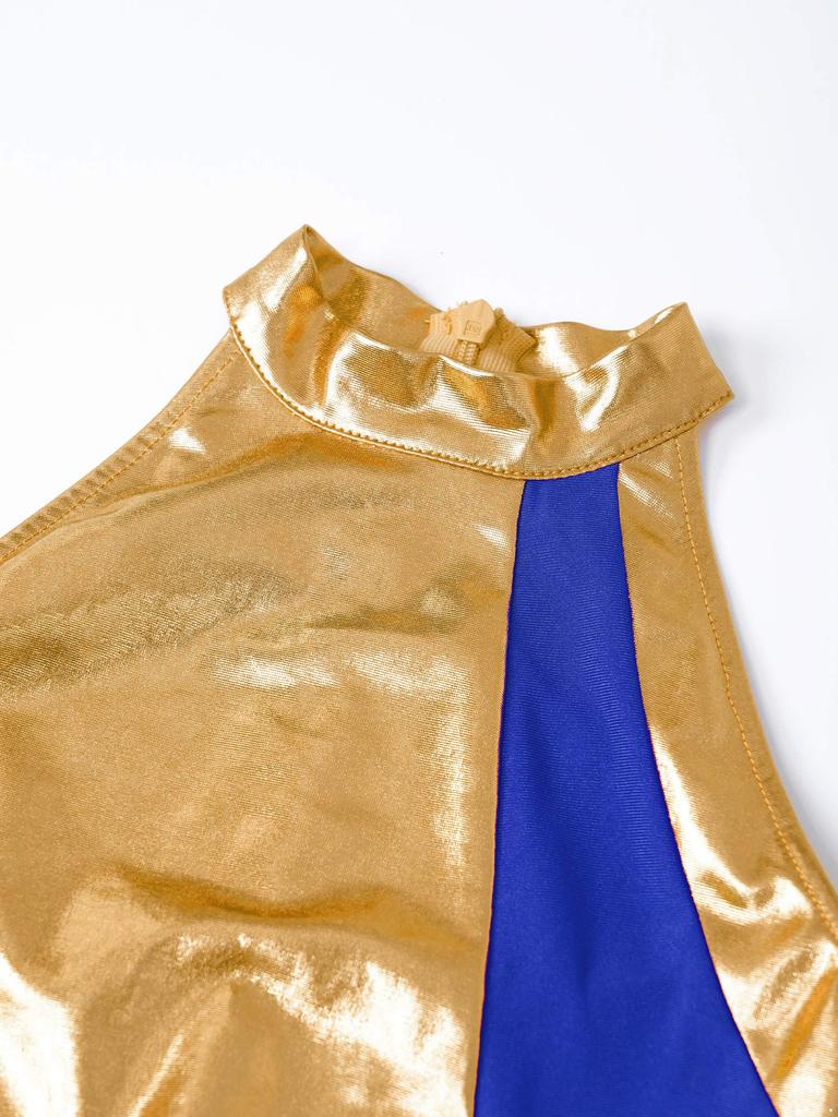 Girls Sleeveless Praise Dance Dress Round Collar Patchwork Design Contrast Color Church Performance Costume