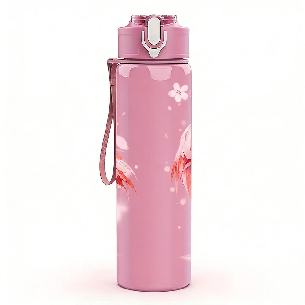 1PC Two Pink Flamingo Bird Print 750ml Color Plastic Sports Water Bottle Leakproof Flip Straw Lid Suitable for Sports Office Home Use