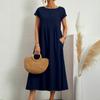 O-Neck Dress For Women Casual Comfy Cotton Linen Short Sleeve Tunic Beach Dresses With Pockets