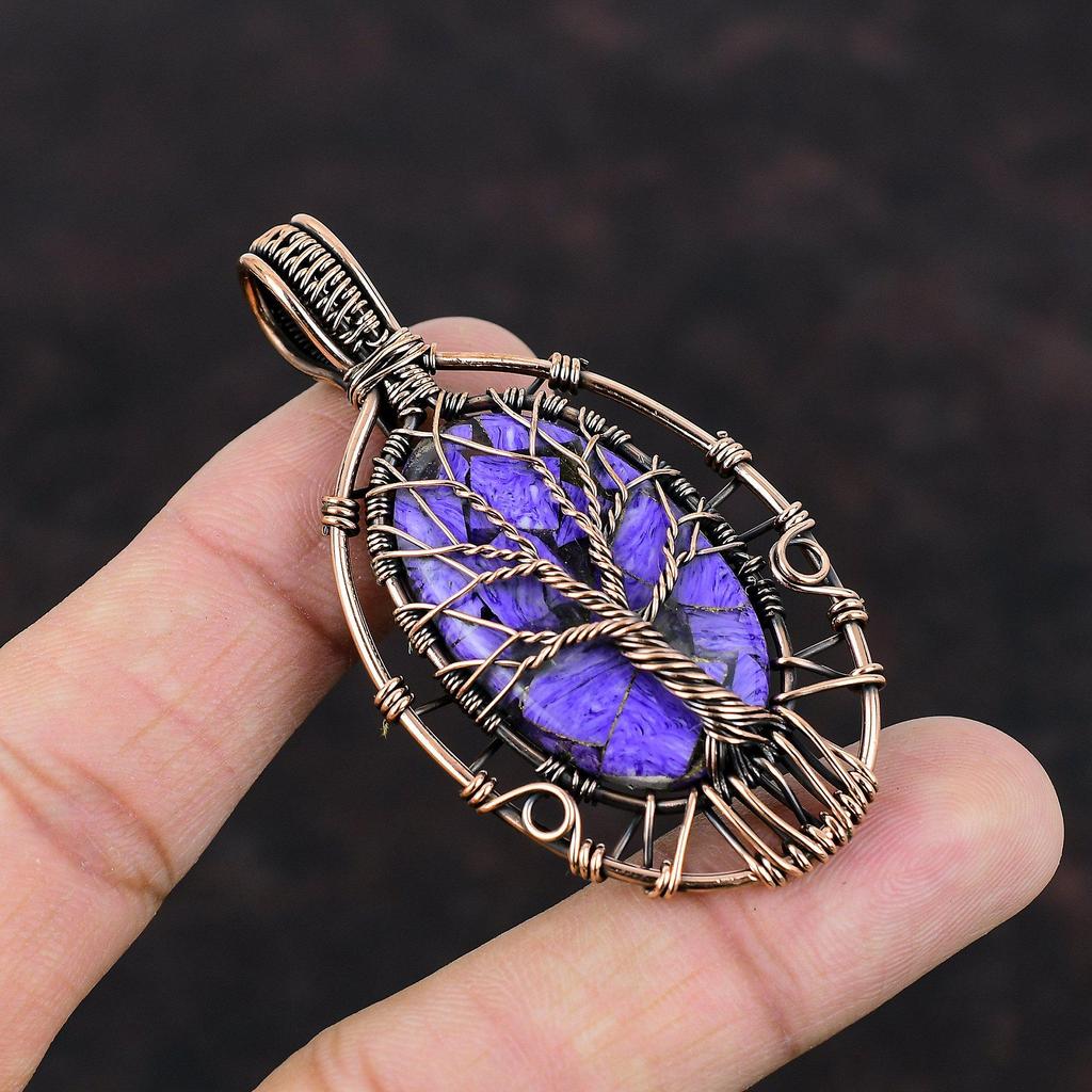 Медный кулон с чароитом, кулон Древо жизни, кулон, обернутый медной проволокой, кулон ручной работы, замечательные медные украшения для подарка, кулон с драгоценным камнем