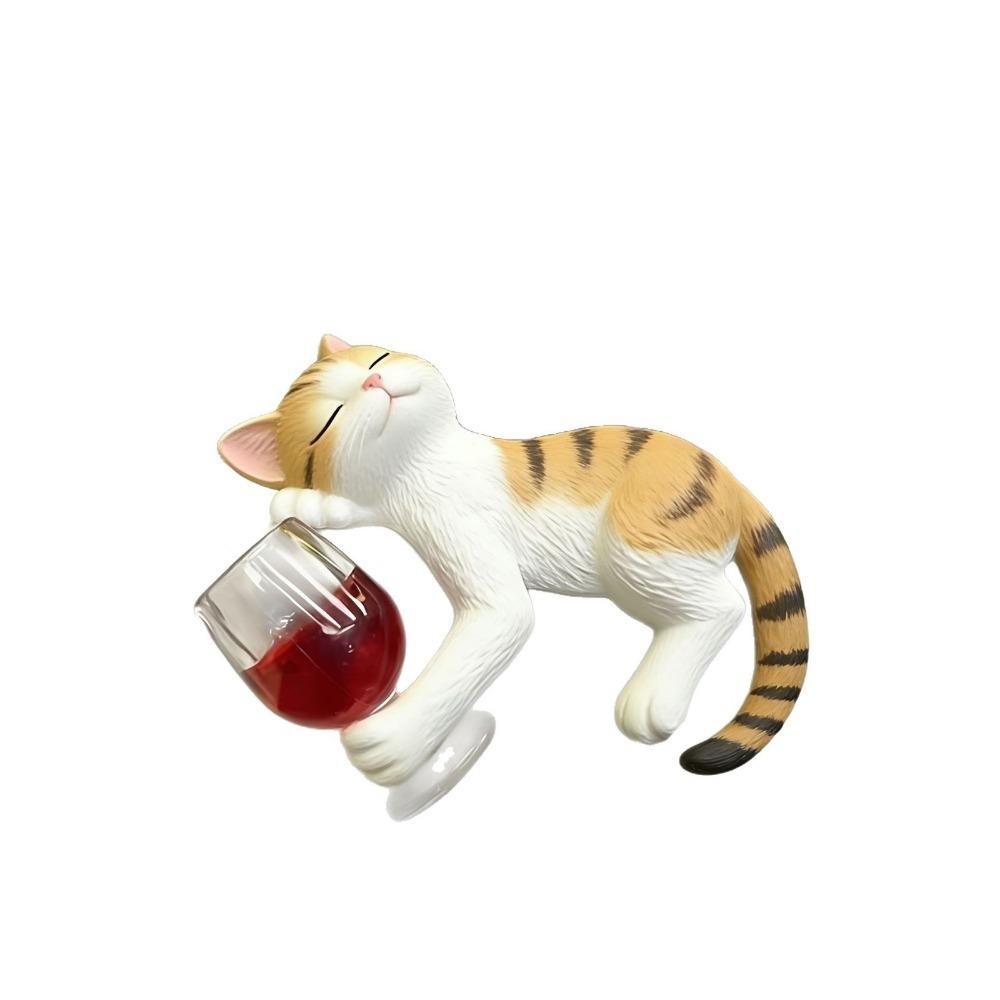 Realistic Cats Holding Red Wine Glass Statue Waterproof Cat Ornament Lying Kitty Ornament Patio