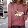 Топы для женщин с принтом птиц и цветов, круглый вырез, длинный рукав, футболка, осенний повседневный тонкий пуловер, женский топ с длинным рукавом