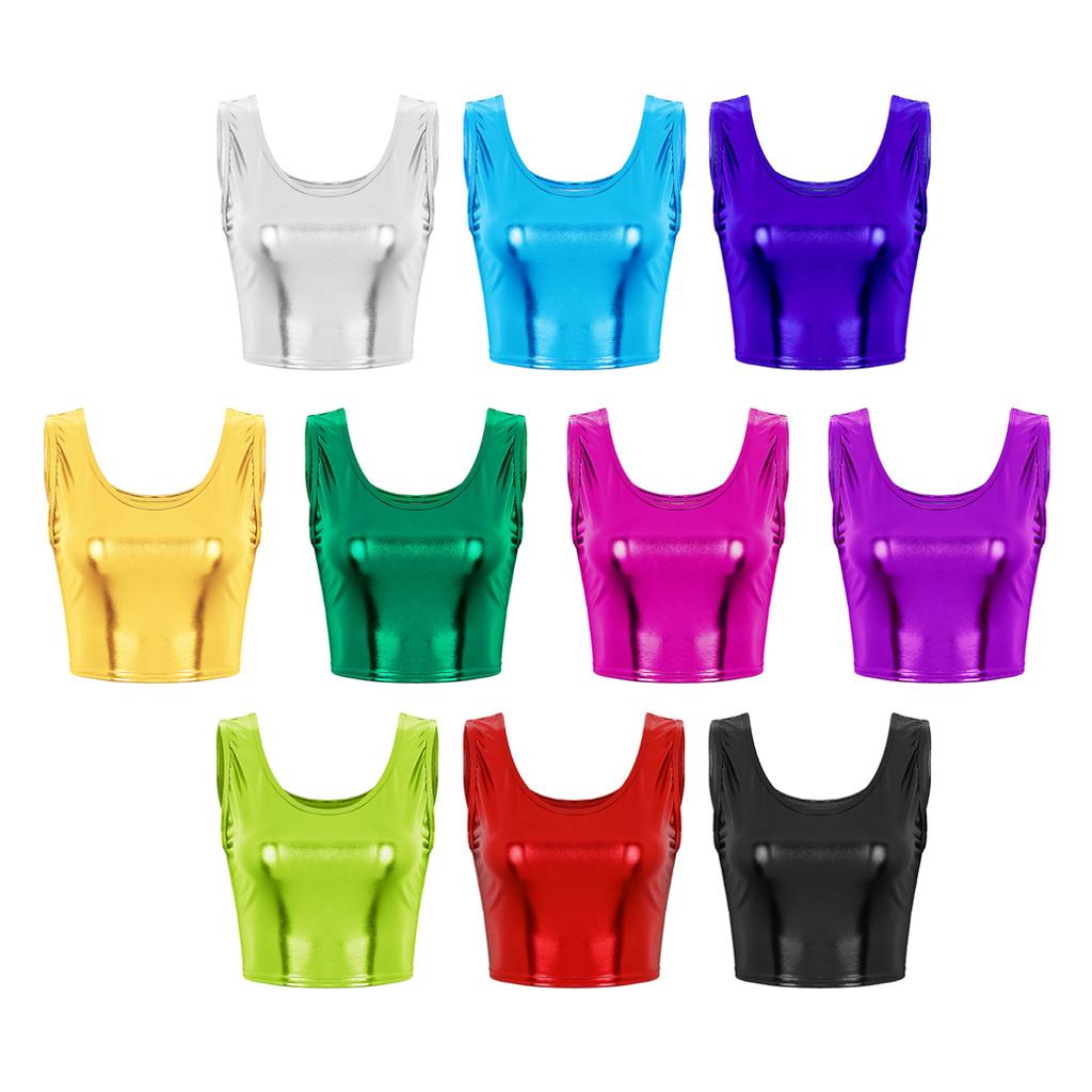 Women's Shiny Metallic Sleeveless Crop Top Rave Party Dance Tee Shirt Blouse Vest Clubwear