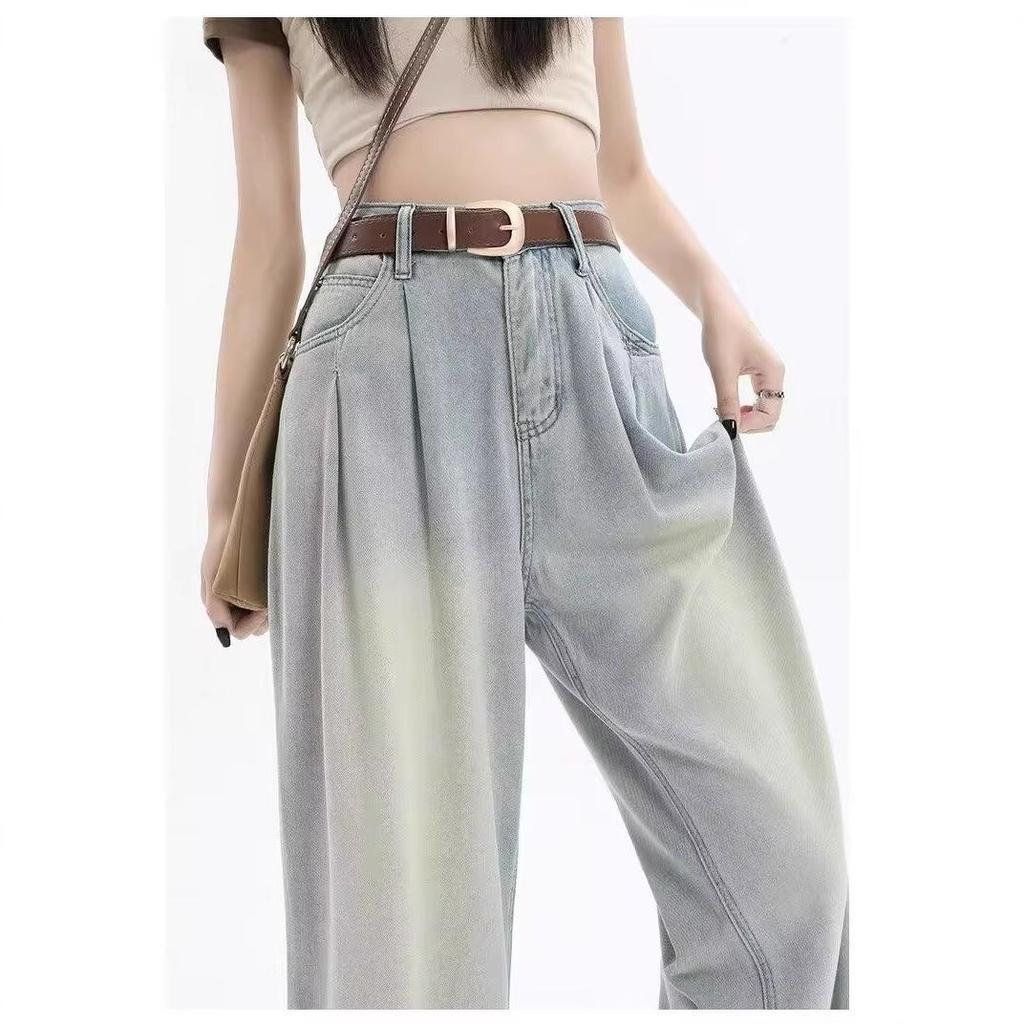 Women's Spring & Summer High-Waisted Light Blue Washed Wide-Leg Jeans - Slimming Pleated Floor-Length Design