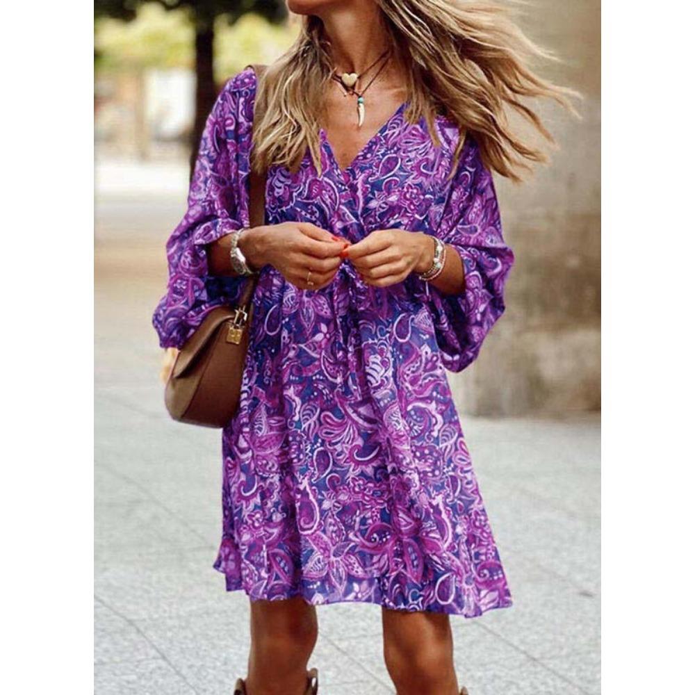 JPNTKY Women's Fashion Autumn Winter Floral Print Long Sleeve V-Neck Casual Dresses