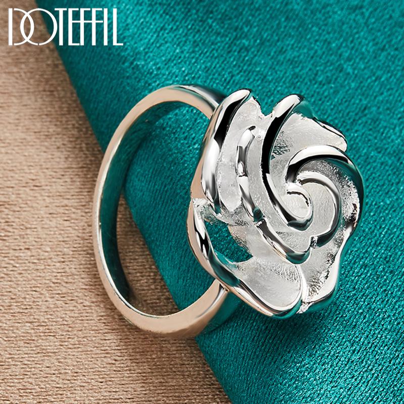 DOTEFFIL 925 Silver Rose Flower Blossoms Ring For Woman Fashion Wedding Engagement Party Gift Charm Jewelry