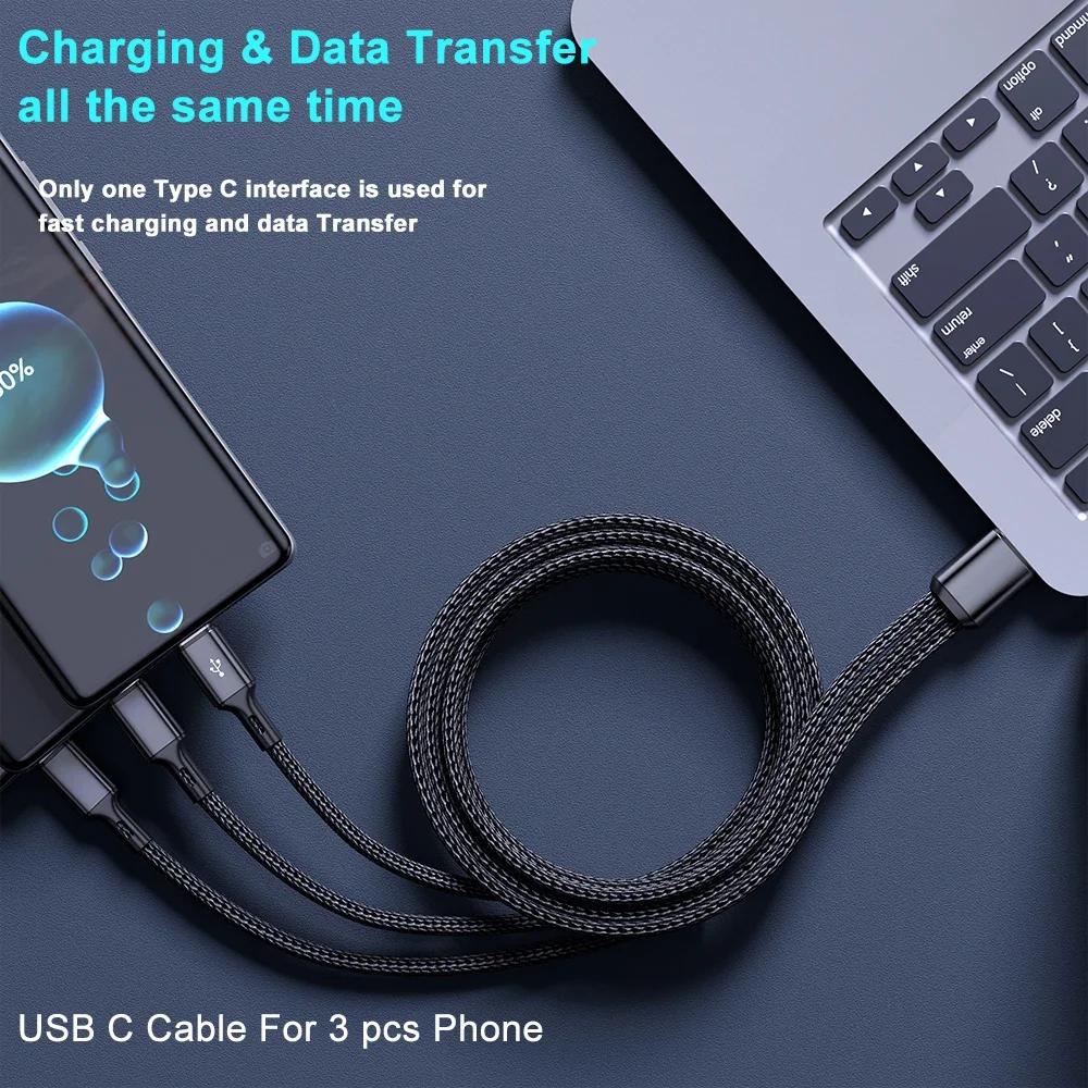 100W 6A 3 in 1 USB-A to 3 ×Type-C Fast Charging Cable For Samsung Galacy S24 Xiaomi Redmi Huawei Multi-port USB C Charge Cable