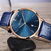 Men's Watch, Simple, Ultra-Thin, Fashionable, Casual, Analog, Quartz Movement, Date Display, Waterproof, Slim, Blue Dial, Genuine Leather Band
