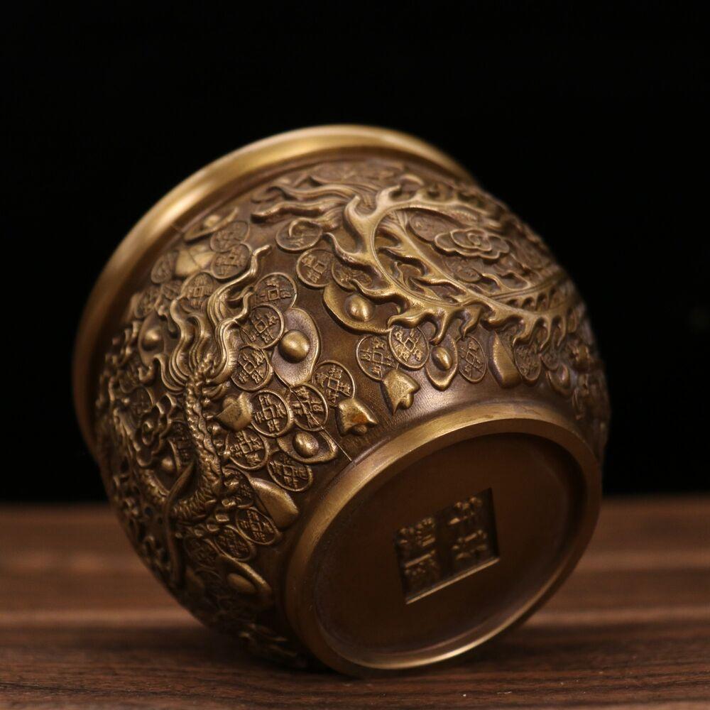 3,7" Коллекция Китай Бронза Животное Дракон Феникс Юаньбао Денежная Чаша Сокровищ Статуэтка