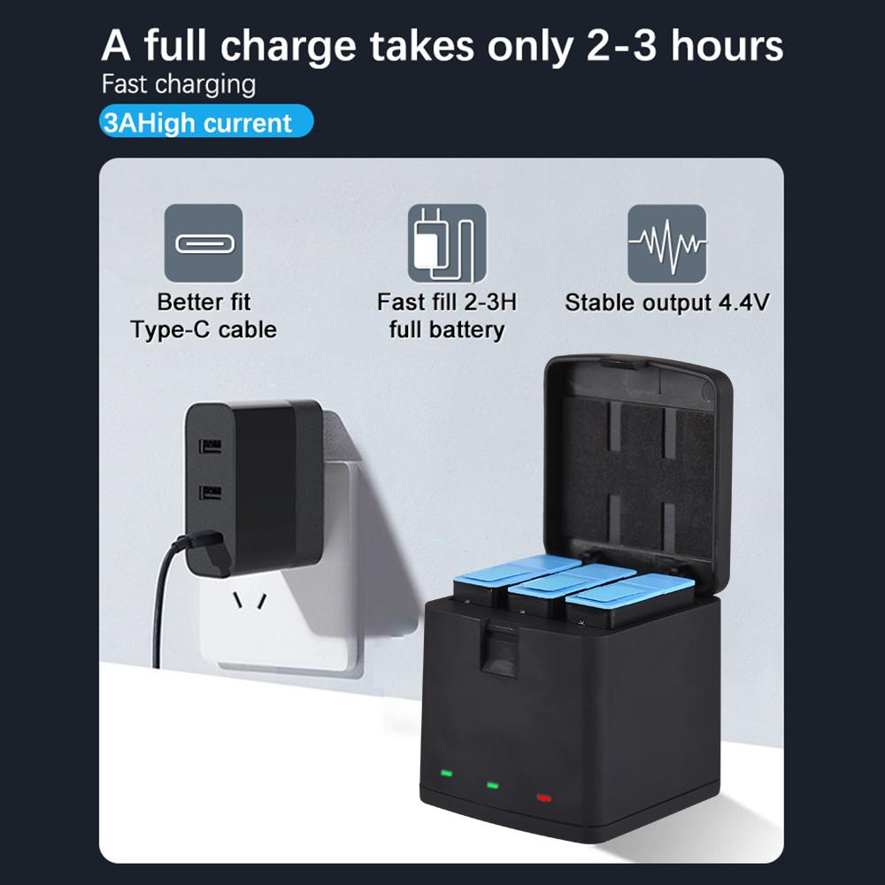 3 аккумулятора емкостью 1800 мАч + зарядное устройство на 3 аккумулятора с USB-портом, совместимое с GoPro Hero 12/11/10/9