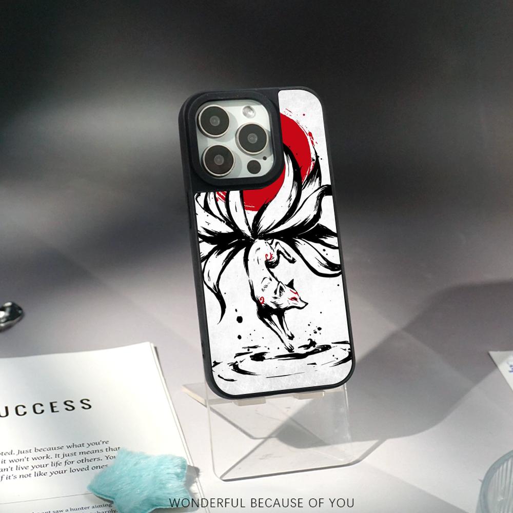 Nine-tailed fox art fashion design Phone Case for iPhone 17 16 e 15 14 13 12 Pro Max Sheepskin Silver-edged protective case