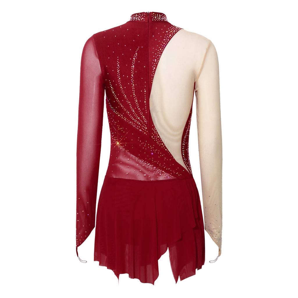 Women‘s Sparkly Rhinestone Leotard Dress Sheer Mesh Long Sleeve Mock Neck Color Blocking Asymmetrical Hem for Figure Skating Latin Performance