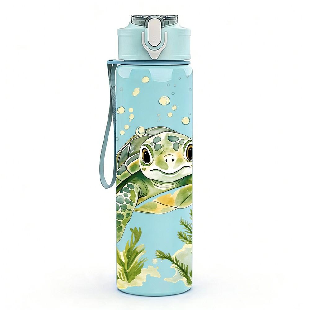 1PC Sea Turtle Underwater Animal Pattern 750ml Color Plastic Sports Water Bottle Leakproof Flip Straw Lid Suitable for Sports Office Home Use