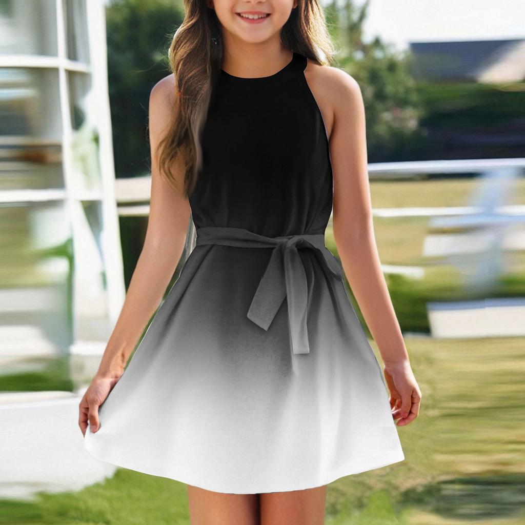 Летнее платье для девочек Платье без рукавов на бретельках Однотонное платье без рукавов с принтом Повседневное платье