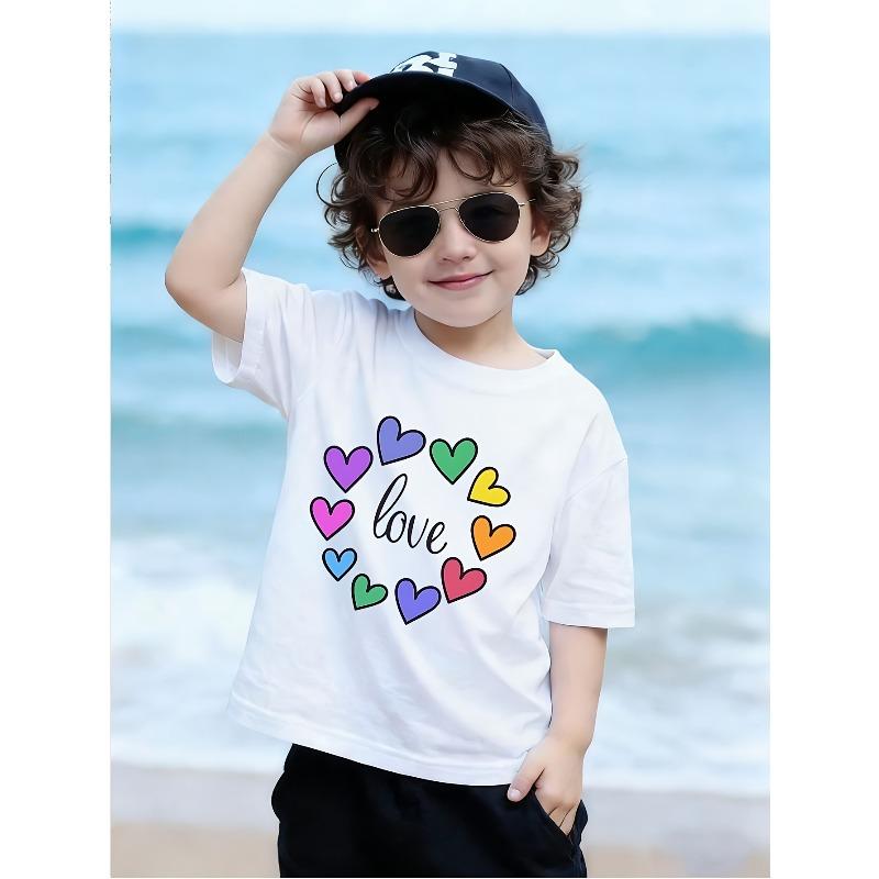 European sizes Rainbow Heart Pattern Kids' T-Shirt Summer Boys Girls Crew Neck Short Sleeve Vacation Outdoor Camping Party