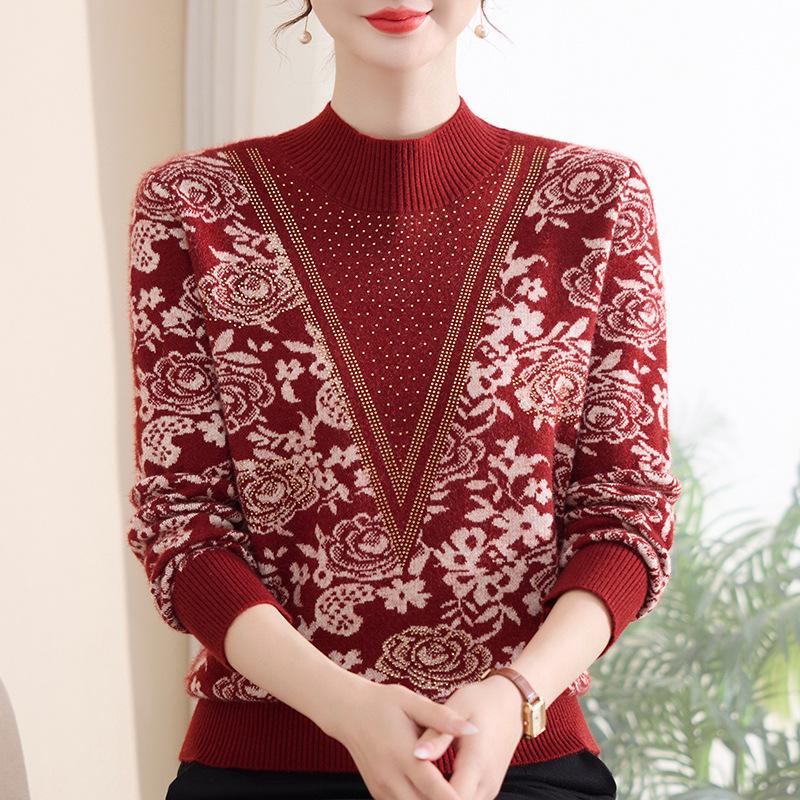 Chic Autumn/Winter Velvet-Lined Half-High Collar Warm Sweater for Stylish Middle-Aged & Elderly Women
