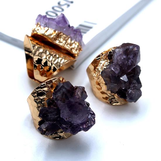 Retro Adjustable Open Band Natural Amethyst Finger Ring Jewelry Accessory Gift