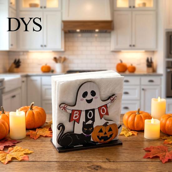 Halloween Paper Towel Holder Ghost Wooden Napkin Holder, Cute Decorative Soft Furnishings for Home Stand, Freestanding Tissue Dispenser Organizer