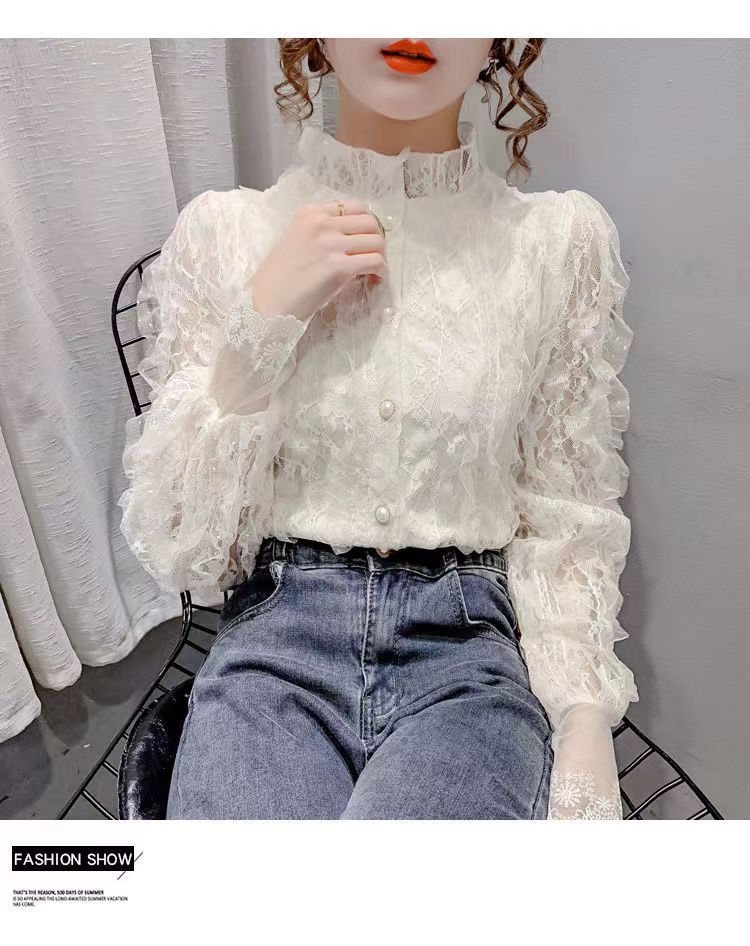 Модная винтажная блузка с рюшами, женская элегантная кружевная рубашка с длинным рукавом, свободные шифоновые рубашки с воротником-стойкой, плиссированные топы Blusas