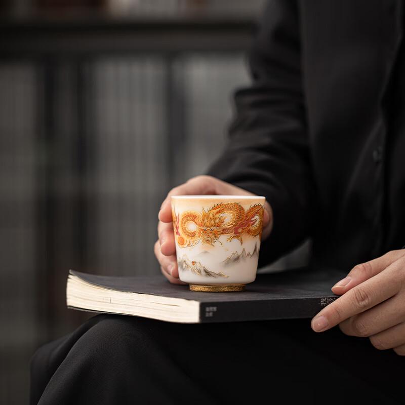 Wang Wenke Master's Dragon Mutton-fat Jade Porcelain Teacup