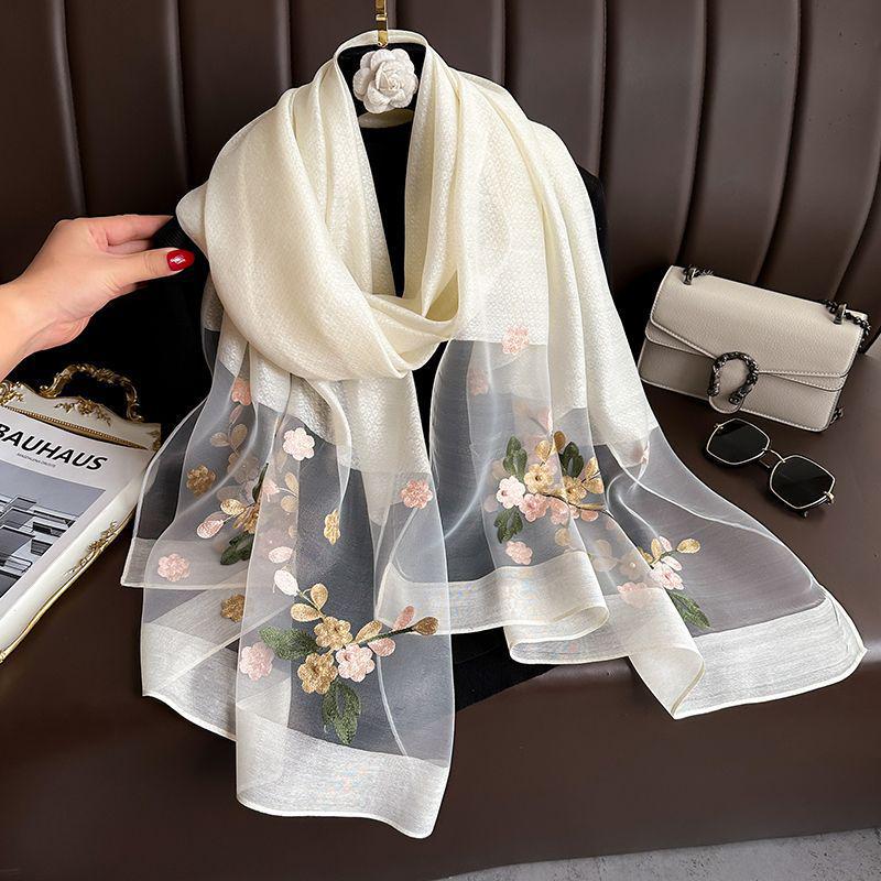 Springautumn 2024 Imitation Embroidered Womens Silk Scarf Elegant Versatile Thin Decorative