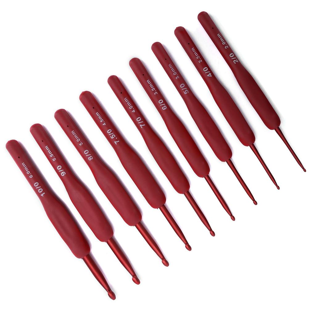 9Pcs Ergonomic Crochet Hook Sweater Sewing Thread Red Handle Craft Accessories Knitting Tools