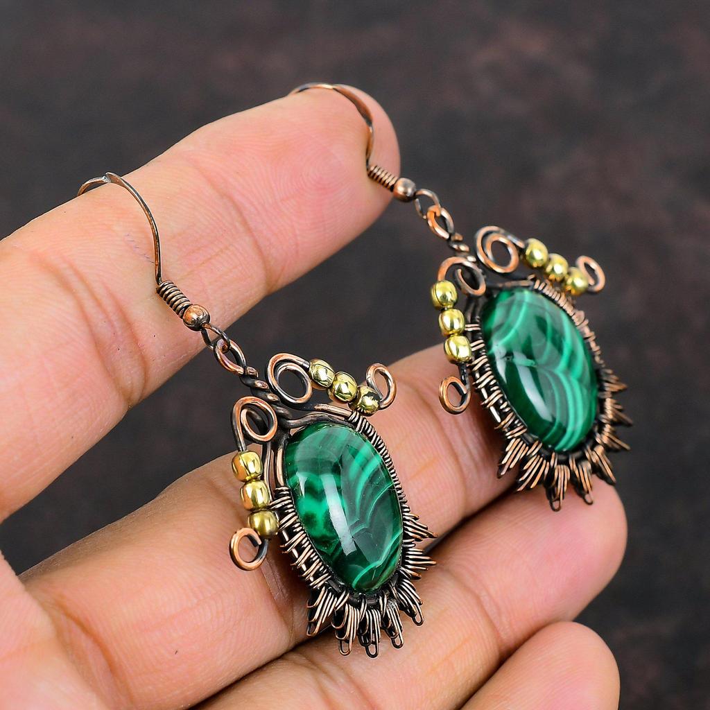 Малахитовые серьги, серьги из медной проволоки, серьги с драгоценными камнями, ювелирные изделия ручной работы, женские серьги, красивые медные украшения, стильные серьги, подарок для нее