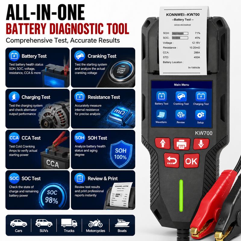 2026 KONNWEI KW700 12V/24V Car Battery Tester With Print Function Cranking Charging Test Tool SupportAGM/EFB/GEL/Lithium Battery