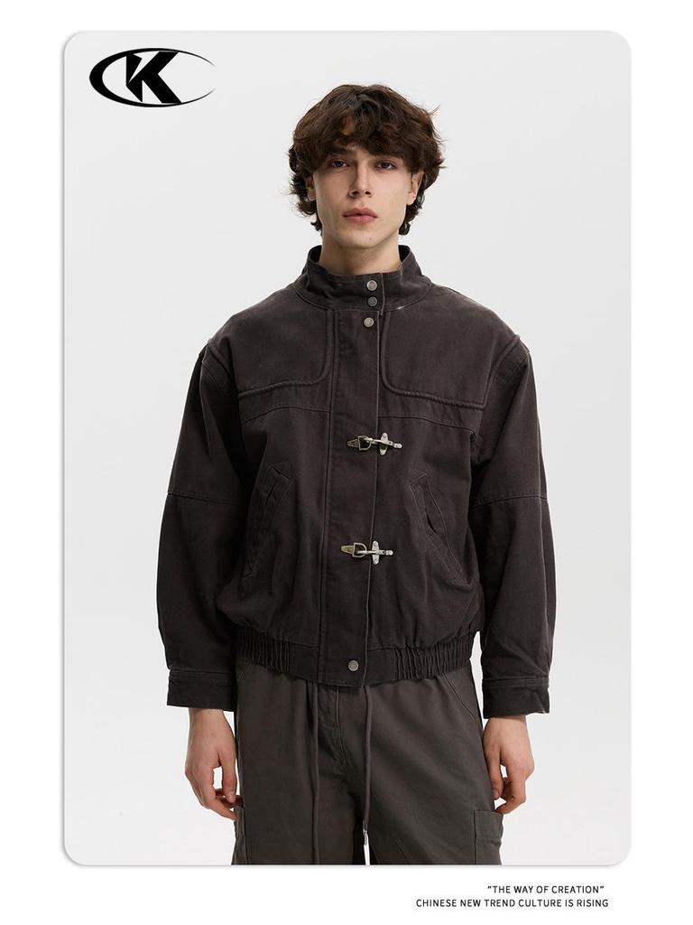 Унисекс Ретро Темно-коричневая куртка с авиационной пряжкой 11KN: Стирка, Потертый, Верхняя одежда с коротким воротником-стойкой