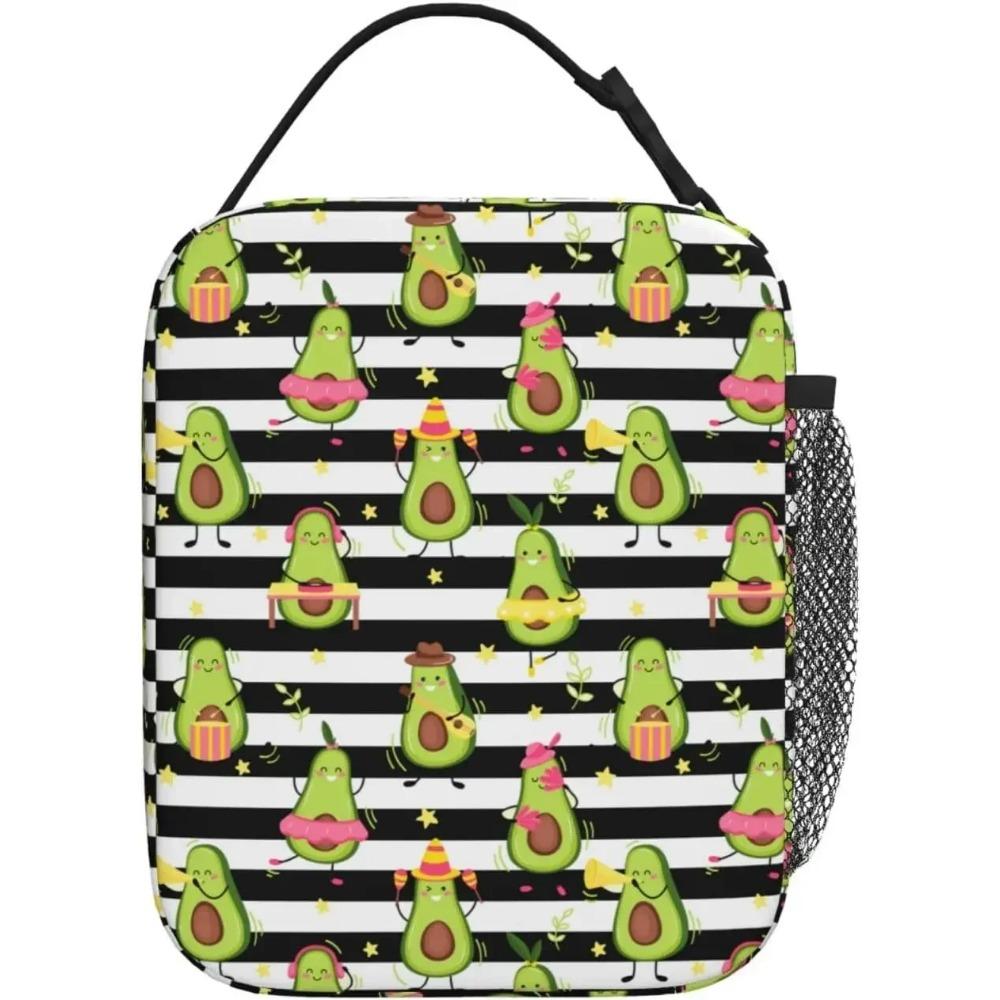 Cute Avocado Lunch Bag Black and White Stripes Thermal Lunch Box Insulated Meal Bag Food Container for School Work Picnic Travel