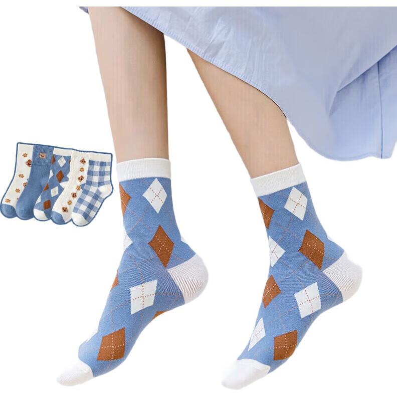 MiiOW 5 Pairs of Cotton Socks for Women, Summer Mid-Calf Socks, Cute Bear Head Sports Long Socks, Trendy Women's Socks