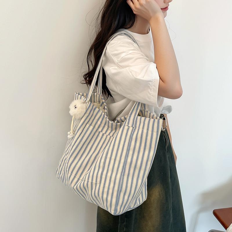 Полосатая парусиновая сумка женская большой вместимости летняя новая повседневная сумка через плечо сумка-тоут для занятий для студентки