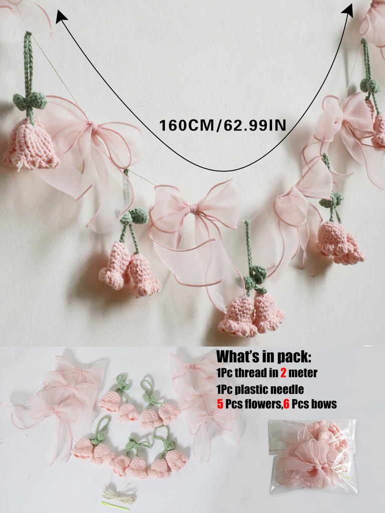 Ручная работа, гирлянда из вязаных цветов, розовый цветочный баннер с бантами, для детского душа, свадьбы, детской комнаты, вечеринки, бохо-декор стен, подарки