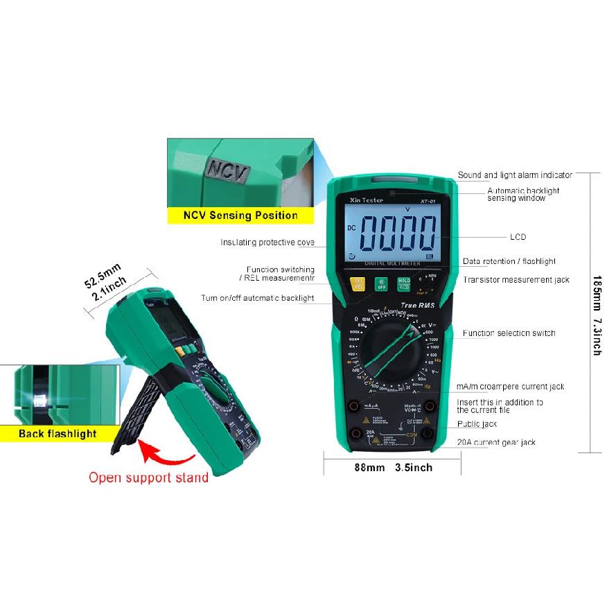 Xin Tester Digital Multimeter XT-01 Set Auto Ranging Voltmeter T-RMS 6000 Counts AC DC Volt Amp Ohm Capacitor Temperature Tester