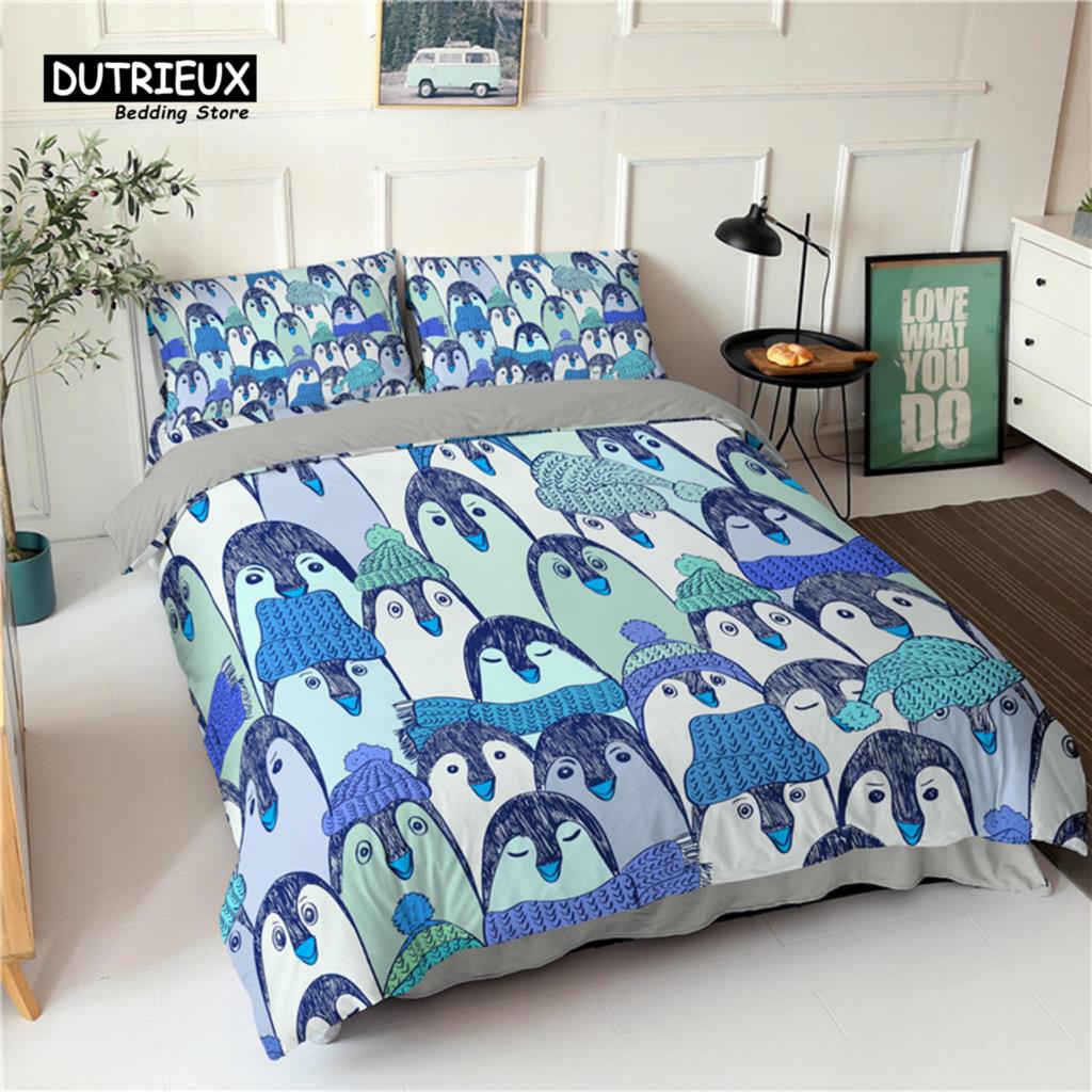 Пододеяльник с изображением пингвина, мультяшные животные, комплект постельного белья для малышей, детей и подростков, пододеяльник с изображением медведя и наволочками, декор для спальни