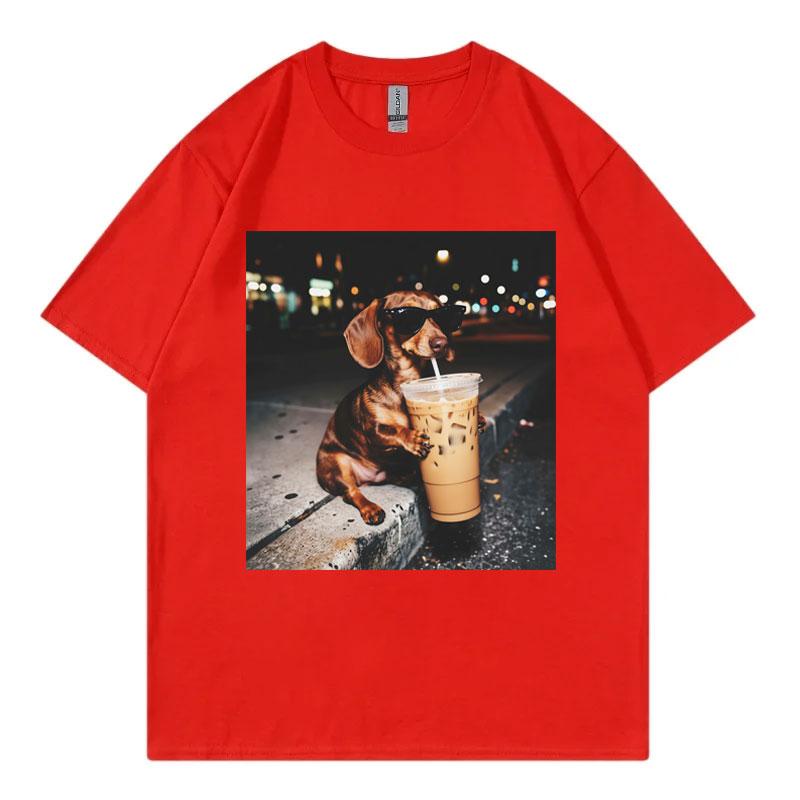 Funny Dachshund Drinking Iced Coffee Meme Graphic T Shirts High Street Fashion Trend Tshirts Unisex Unisex Casual Cotton Tshirt