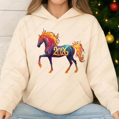 Огненная Лошадь 2026 Толстовка Яркое Зодиакальное Искусство Подарок Свитшот со Спущенным Плечом Женская Винтажная Мода 2026 Новогодние Зимние Толстовки